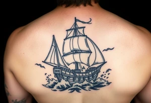 Stern of a pirate ship sailing through stormy seas, dramatic lighting. tattoo idea