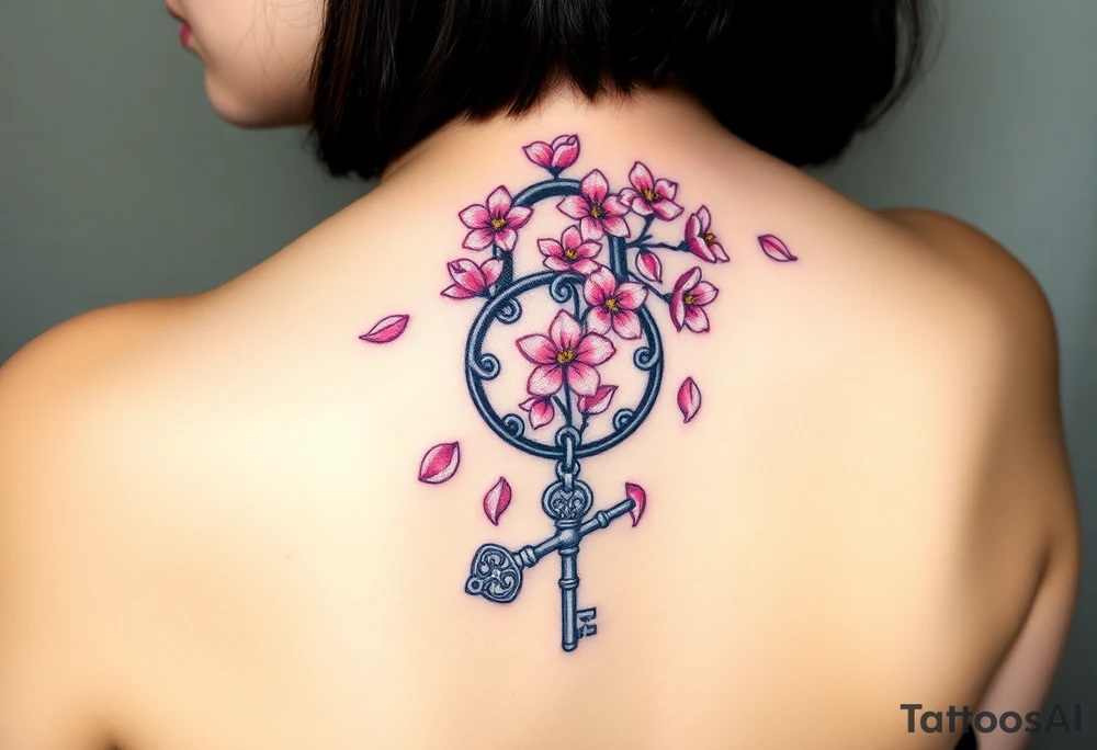A cherry blossom lock with pink petals gently falling around it, with an intricately designed silver key resting below tattoo idea
