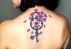 A cherry blossom lock with pink petals gently falling around it, with an intricately designed silver key resting below tattoo idea