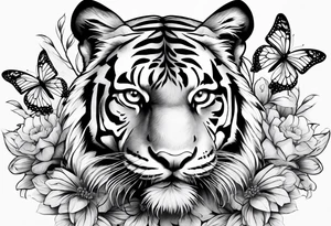 tiger, 3 buterflies, flowers tattoo idea