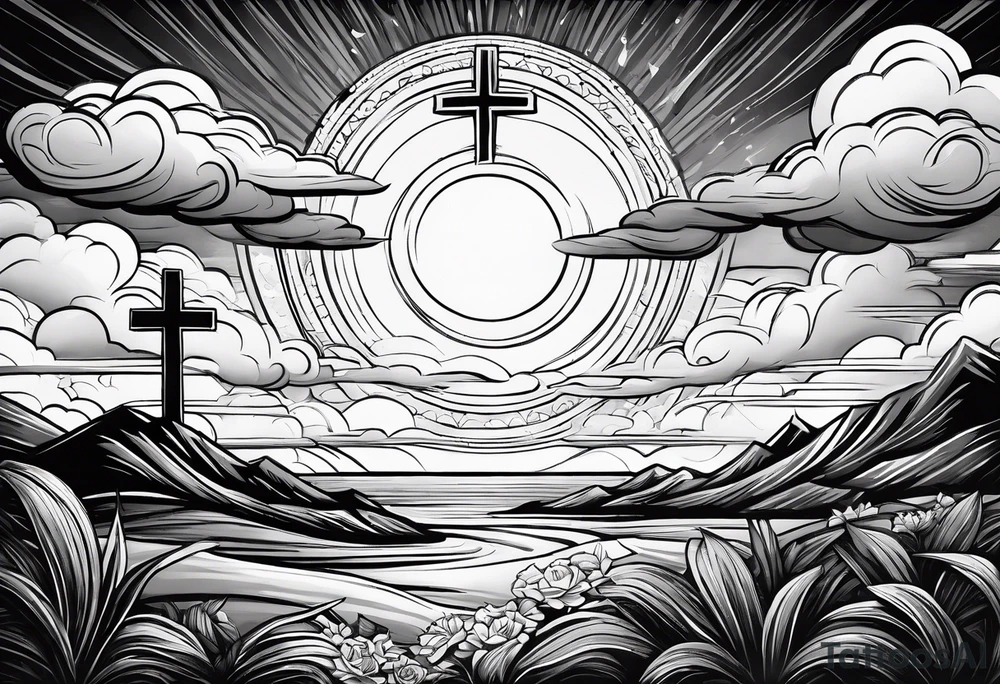 bible verse with a very simple cross in the background and realistic clouds shadowing the cross in the background tattoo idea