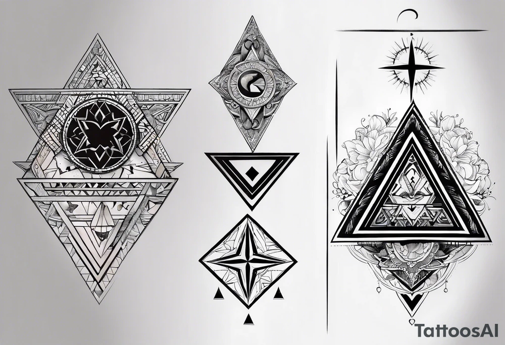 Fine line tattoo in the left forearm on the bottom side. The tattoo will have three shapes placed in a triangle formation. The top shape will be a either a plus sign or a heart that symbolizes health. The bottom left will have a compass rose or a shape symbol for purpose. The bottom right will have three circles placed in a triangle formation to symbolize family tattoo idea