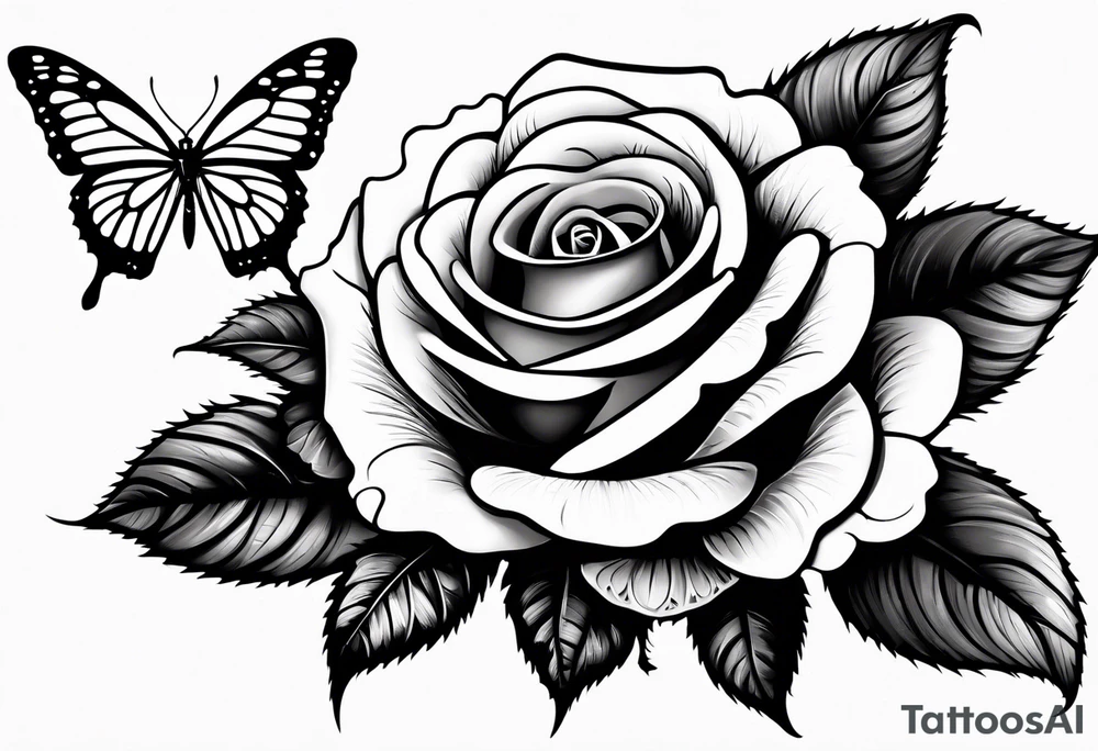 Roses on a stem with thorns, butterfly wings in the center tattoo idea