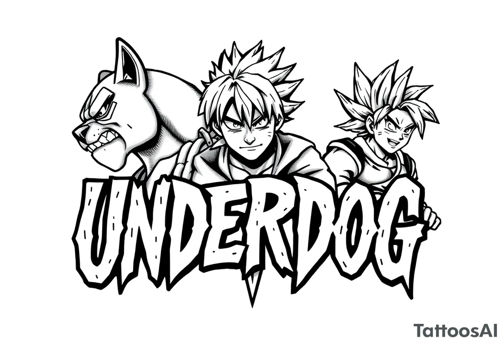 the word underdog in a with 3 anime characters Ippo and Naruto and son Goku tattoo idea