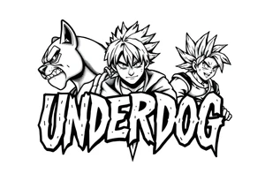 the word underdog in a with 3 anime characters Ippo and Naruto and son Goku tattoo idea