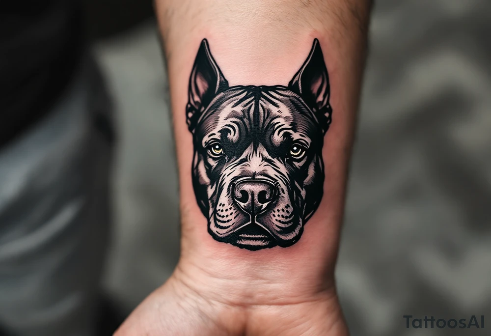 Blackwork pitbull head, solid black ink with negative space for fur and facial features, bold and dramatic. tattoo idea