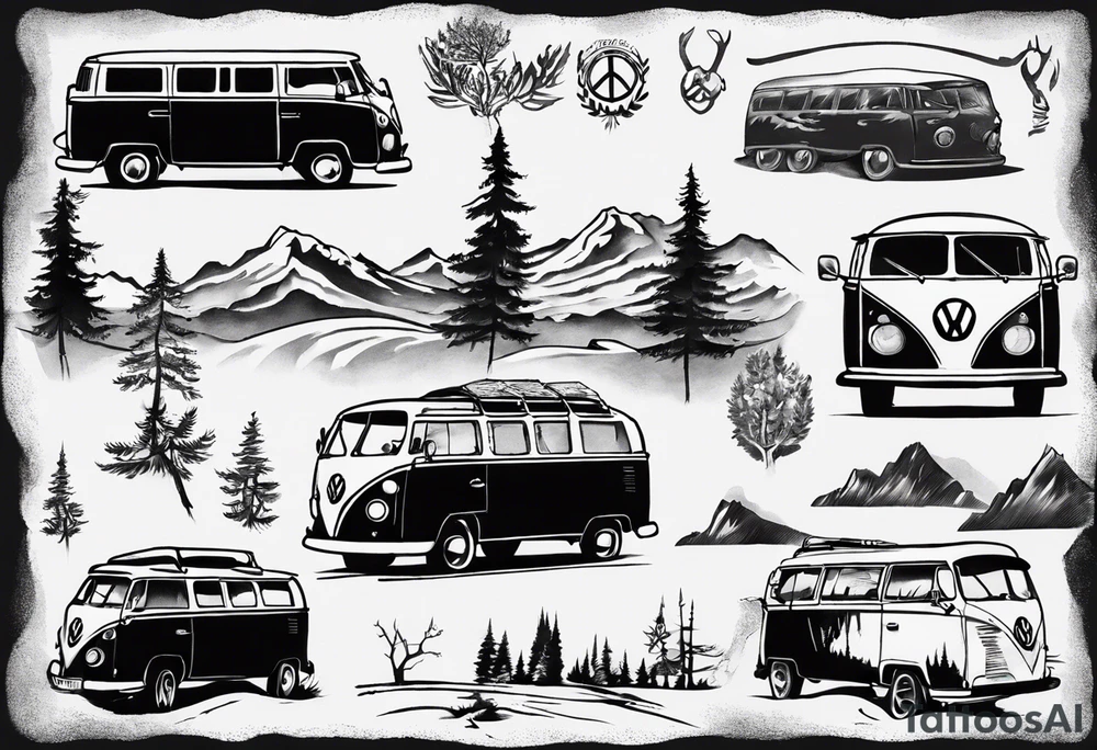 vw Typ 2 in einer landschaft aus bergen und Wälder tattoo idea