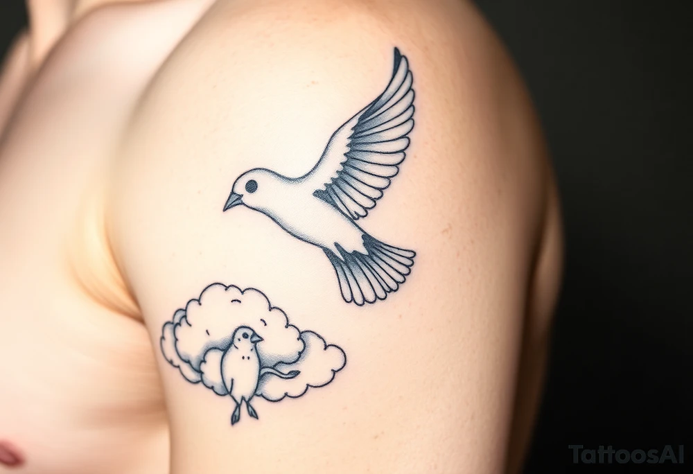 Dove and a blue jay, clouds, shining light to or from heaven tattoo idea