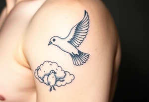 Dove and a blue jay, clouds, shining light to or from heaven tattoo idea