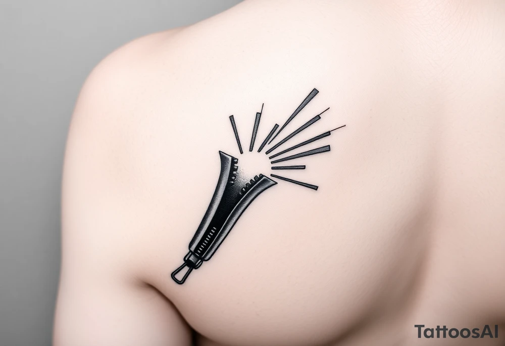 a black and white narrow zip running from the inside left hand forearm from the wrist to the elbow joint opening with the zip open for a copuple of inches from the elbow joint and shining out of the opening are rays of beautiful colors tattoo idea