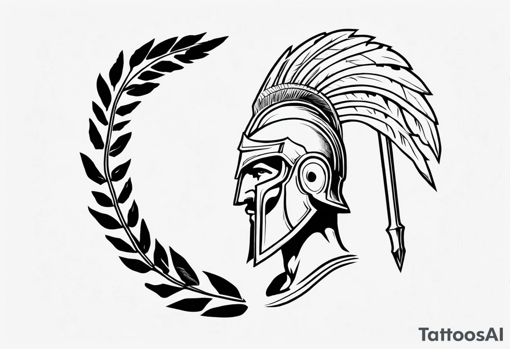rectangular landscape format ultra-fine line linework vector of a spartan from the side, spartan spear, spartan shield, laurel wreath tattoo idea