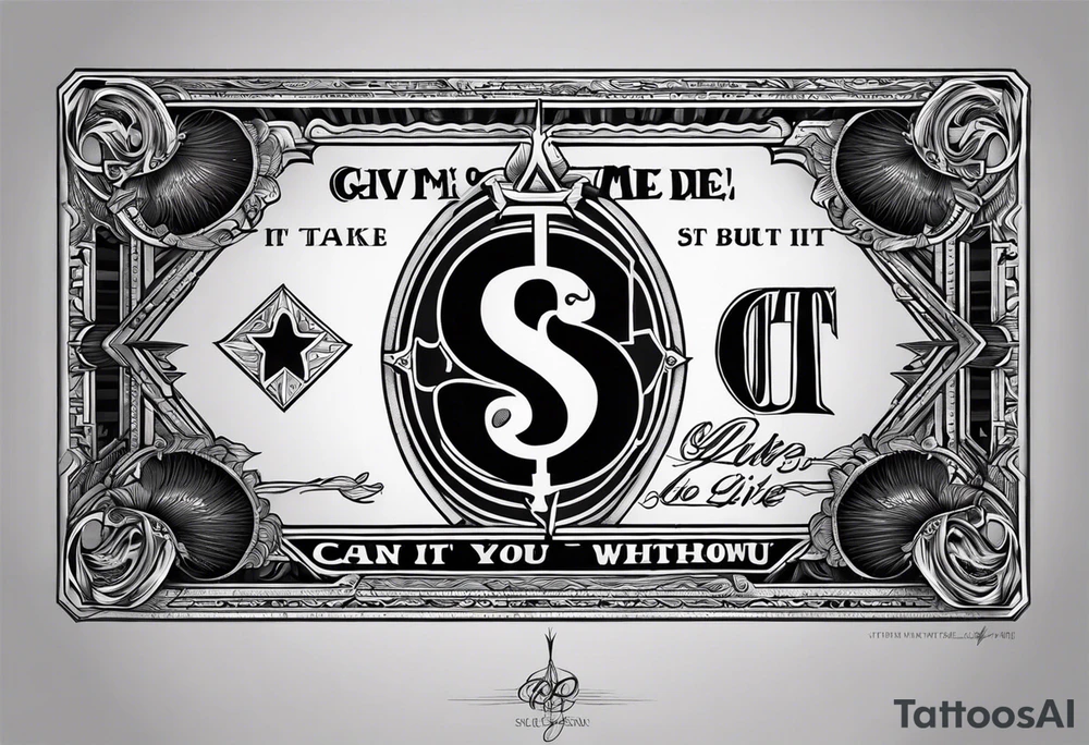 Give me a tattoo idea with a dollar bill being the center point and the quote”Can’t take it when you die, but you can’t live without it” tattoo idea