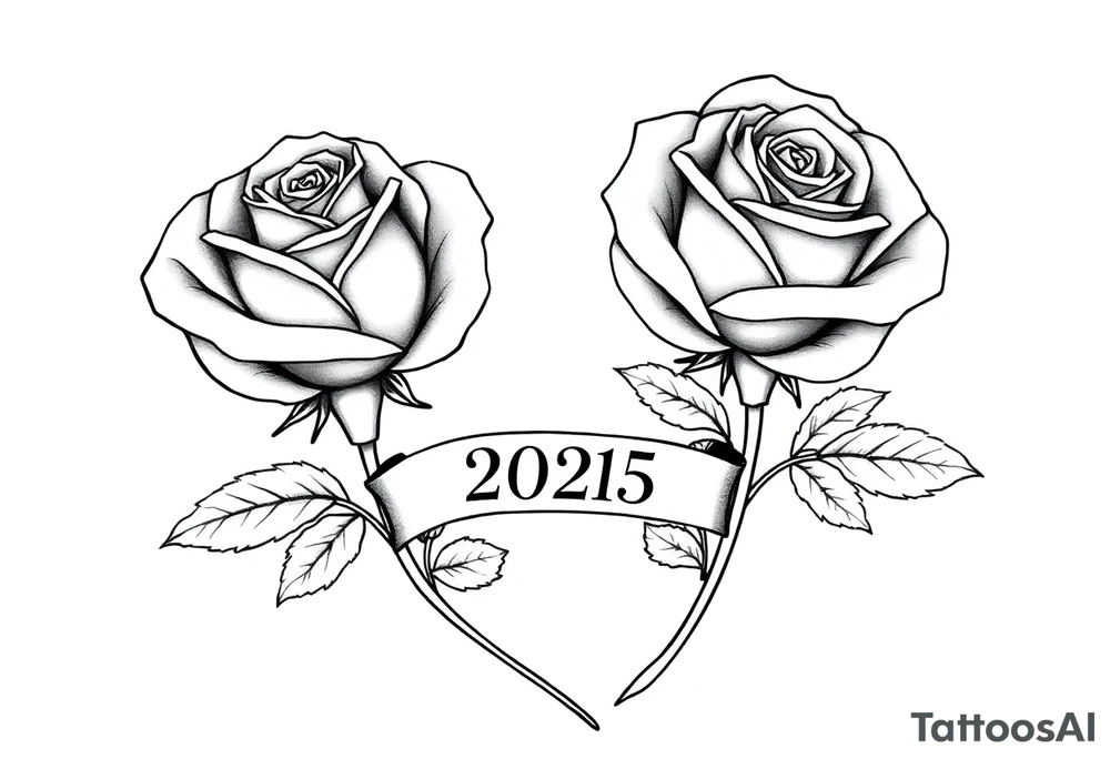 two beautiful large rose buds, one larger than the other, with many leaves next to the rose buds, with one sitting higher than the other. Include a banner connecting the two roses with the year "2025" on it.   Use dark outlines with little shading. The two stems should be short, not long, and connect and join into one stem, whimsically curved or twisted - not straight down. tattoo idea