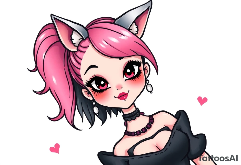 hot goth girl with puppy ears and with piercings on face and big boobs and big butt full body 
 with black outfit on with pink hair tattoo idea