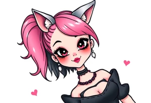 hot goth girl with puppy ears and with piercings on face and big boobs and big butt full body 
 with black outfit on with pink hair tattoo idea