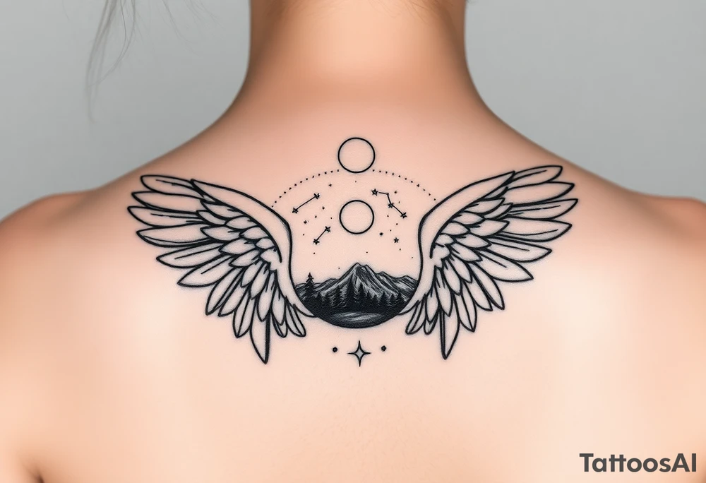 Night sky with constellation, stars & moon seen from a frame of natural landscape angel wings spiritual tattoo idea