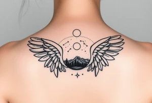 Night sky with constellation, stars  & moon seen from a frame of natural landscape angel wings spiritual tattoo idea
