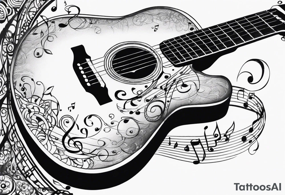 guitar with musical notes wrapped around it tattoo idea