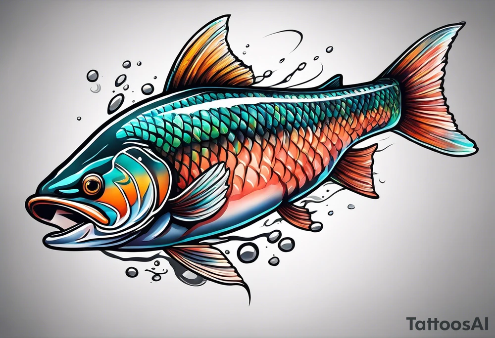 curved colorful salmon fish jumping into the air tattoo idea