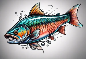 curved colorful salmon fish jumping into the air tattoo idea