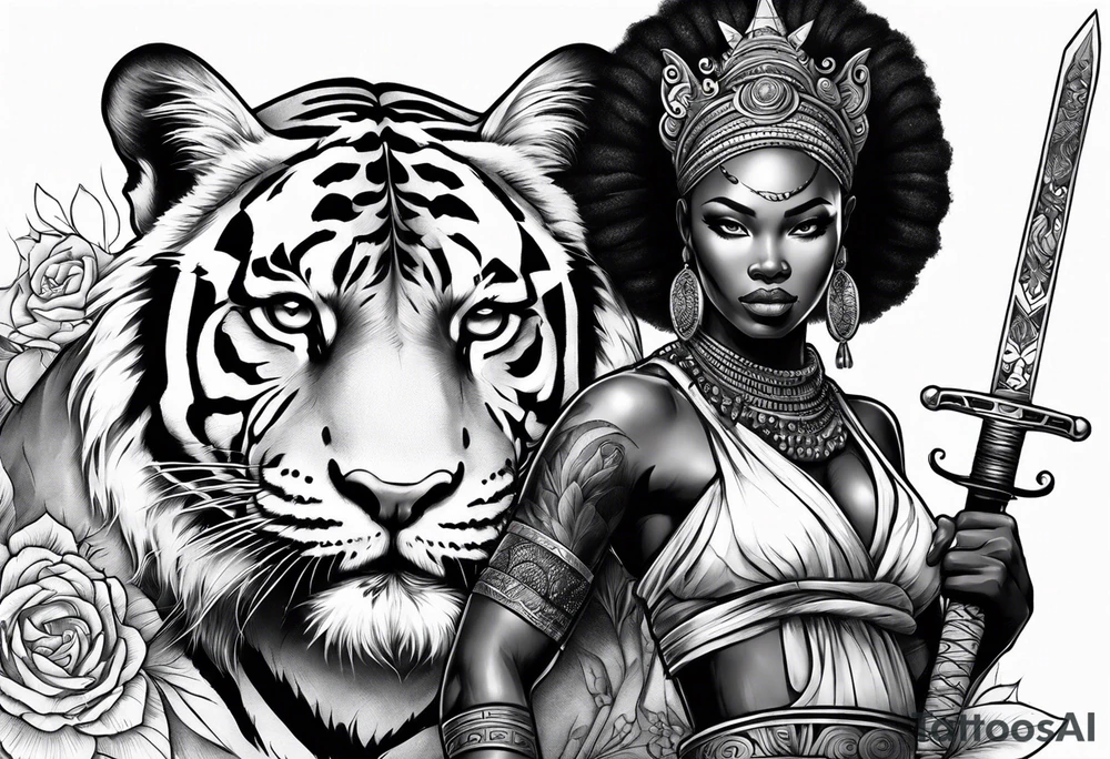 African goddess with sword in hand and tiger Japanese traditional style tattoo idea