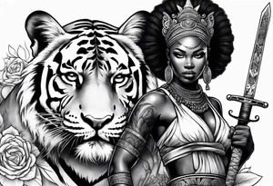 African goddess with sword in hand and tiger Japanese traditional style tattoo idea