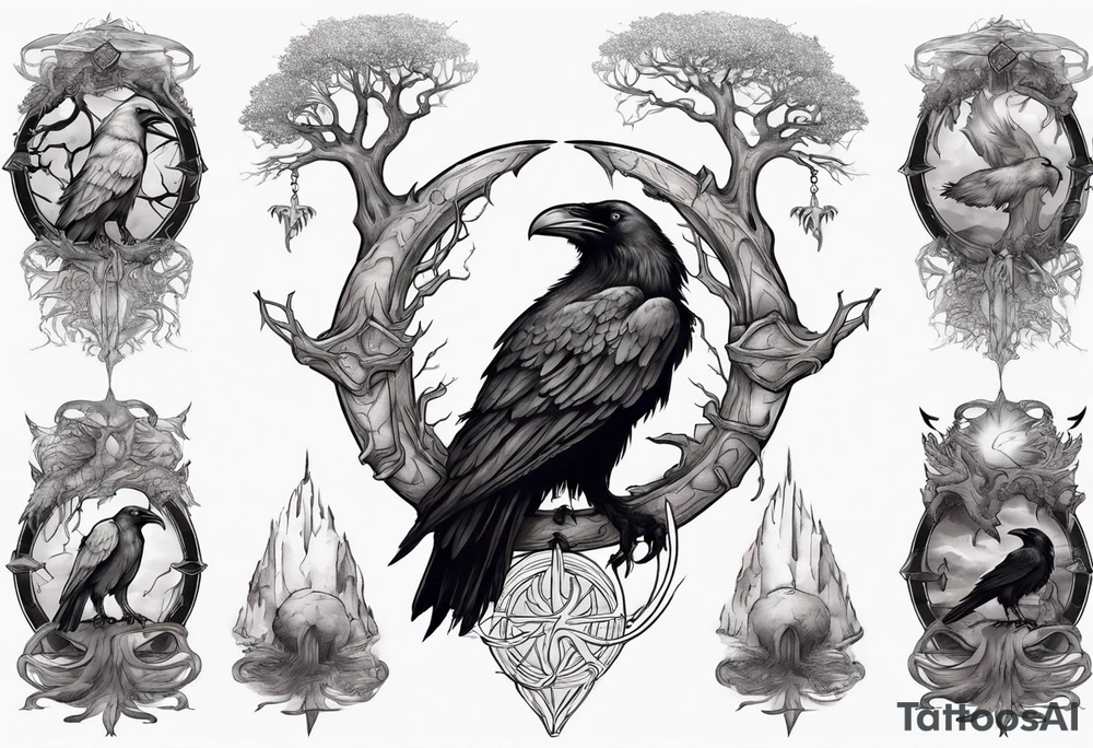 odin's ravens sitting on yggdrasil tattoo idea