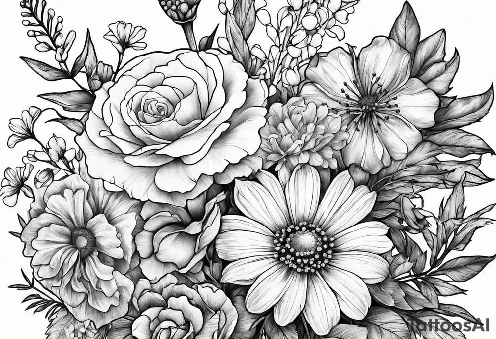 wildflowers with roses, larkspur, carnation, and daisy tattoo idea