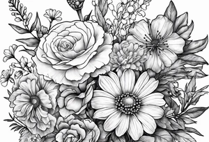 wildflowers with roses, larkspur, carnation, and daisy tattoo idea