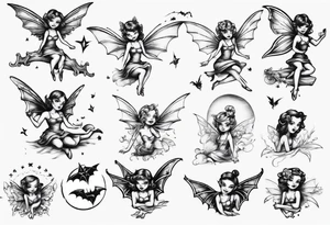 Tiny fairy flying with a bat tattoo idea