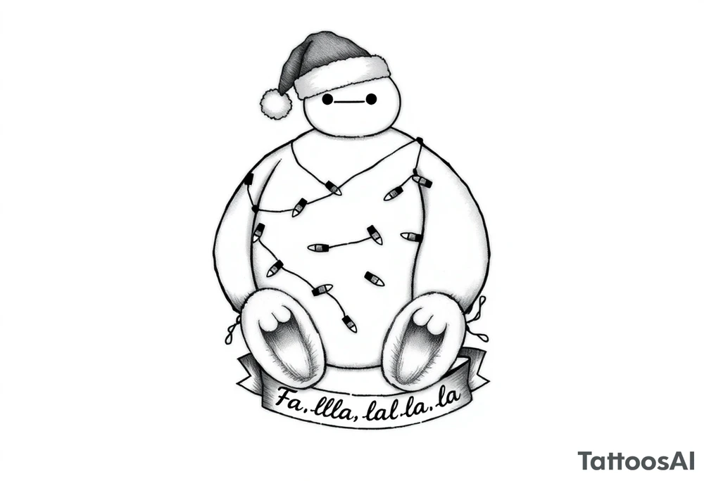 Disney Christmas themed sitting Baymax  wrapped up in Christmas lights and Santa hat with banner at bottom with "Fa-la-la-la-la" in writing. Make arms longer to hide behind feet. Black and white other than lights and hat. tattoo idea