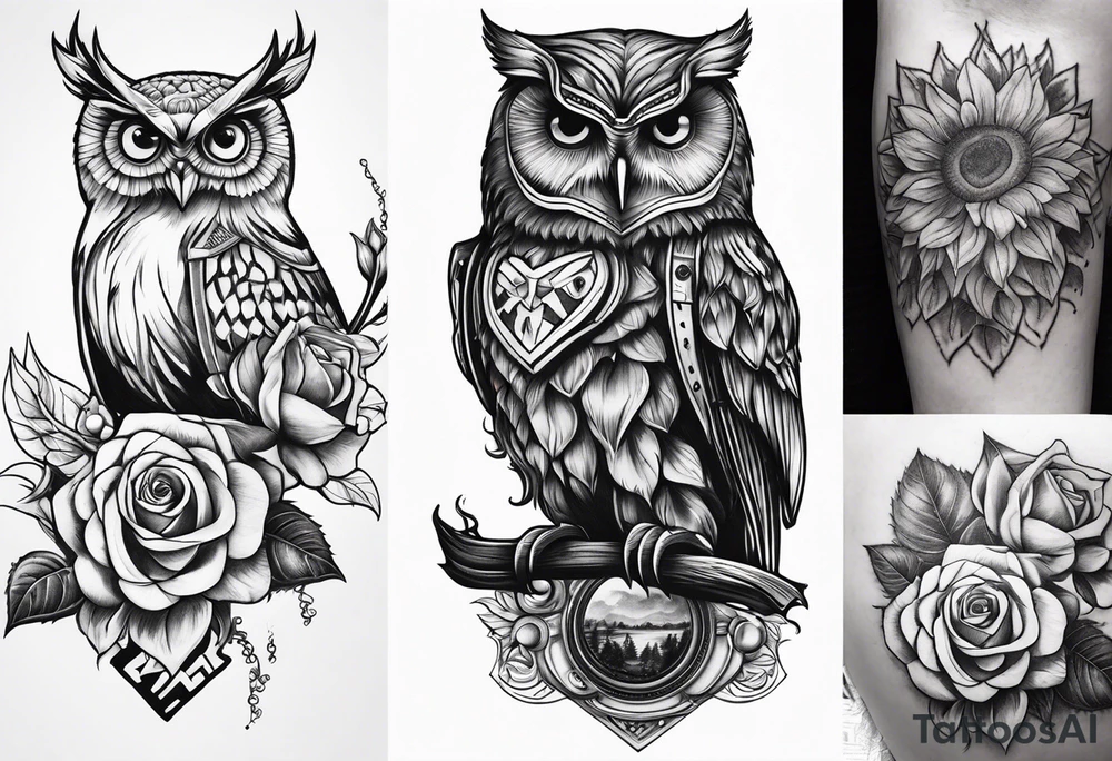 Sunflower, camera, book, owl, flower rose tattoo idea
