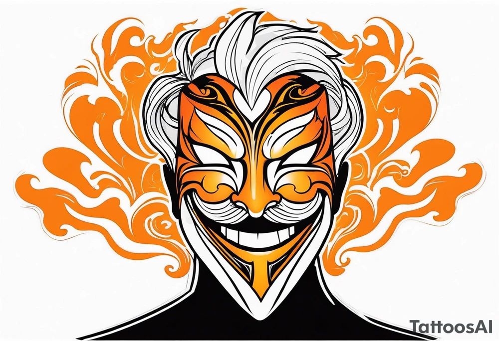Laughing Male masquerade mask with orange and black smoke tattoo idea