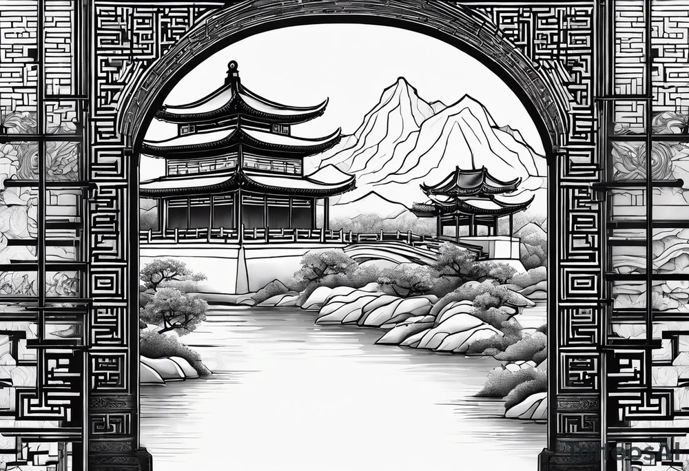 Chinesischer see mit der Mauer im hintergrund und verschiedenen Tieren tattoo idea