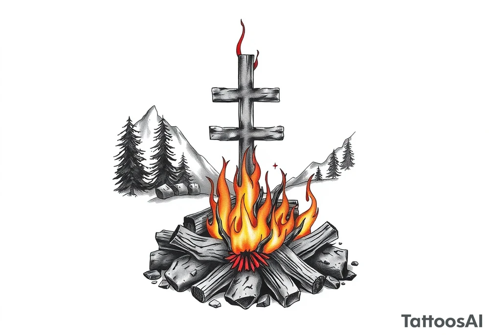 Campfire with cross include the great outdoors and night sky make sure cross doesn't look like it is on fire tattoo idea