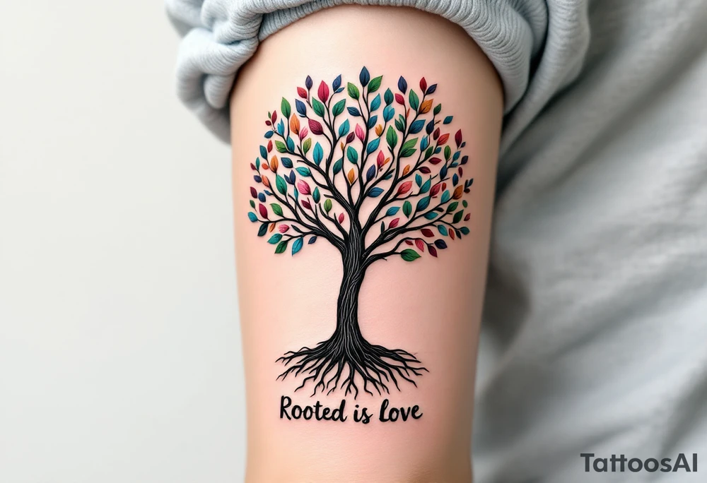 A black ink tree with leaves in shades of green, pink, and blue, with “Rooted in Love” at the base. tattoo idea