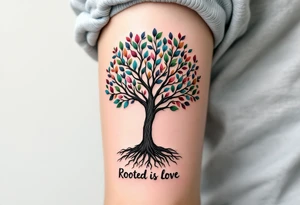 A black ink tree with leaves in shades of green, pink, and blue, with “Rooted in Love” at the base. tattoo idea
