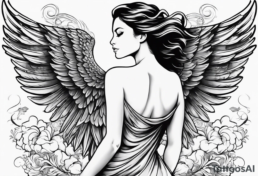 angel woman with big wings, full body, flying on the sky, looking right side , we  can see right profile tattoo idea