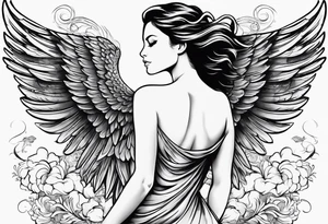 angel woman with big wings, full body, flying on the sky, looking right side , we  can see right profile tattoo idea