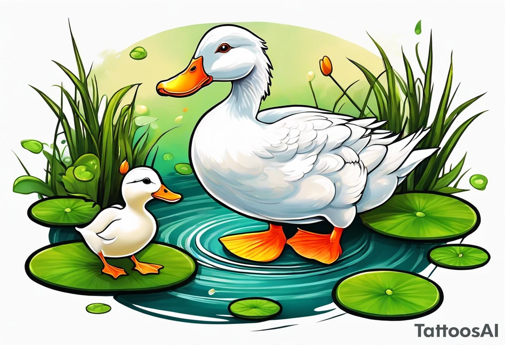 A white Duck with orange feet and a green toad playing together in a pond tattoo idea