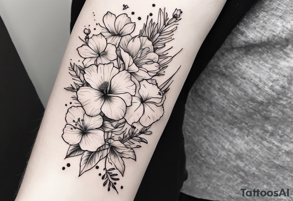 Verticle arm placement of dainty hibiscus, TULIPS, LILLIES, DRAGONflower, with wildflowers, poppy, complimentary flowers, bees, peony, forearm tattoo idea