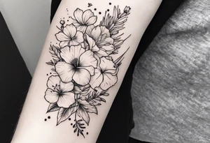 Verticle arm placement of dainty hibiscus, TULIPS, LILLIES, DRAGONflower, with wildflowers, poppy, complimentary flowers, bees, peony, forearm tattoo idea