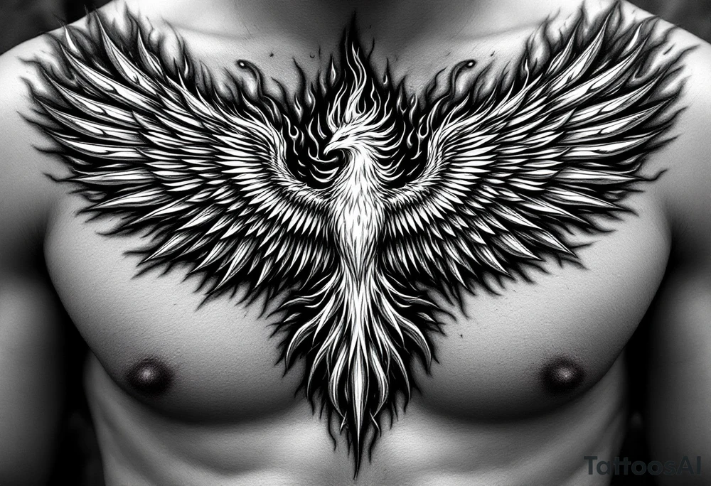 Realistic and symmetrical flaming Phoenix rebirth with spread wings in a down motion surrounded by fire mapped onto chest only.
Phoenix head must be in the middle of the chest, straight and symmetrical.
Fire should be surrounding spread wings
Wings should be spread down only on pectoral muscle towards nipples. tattoo idea