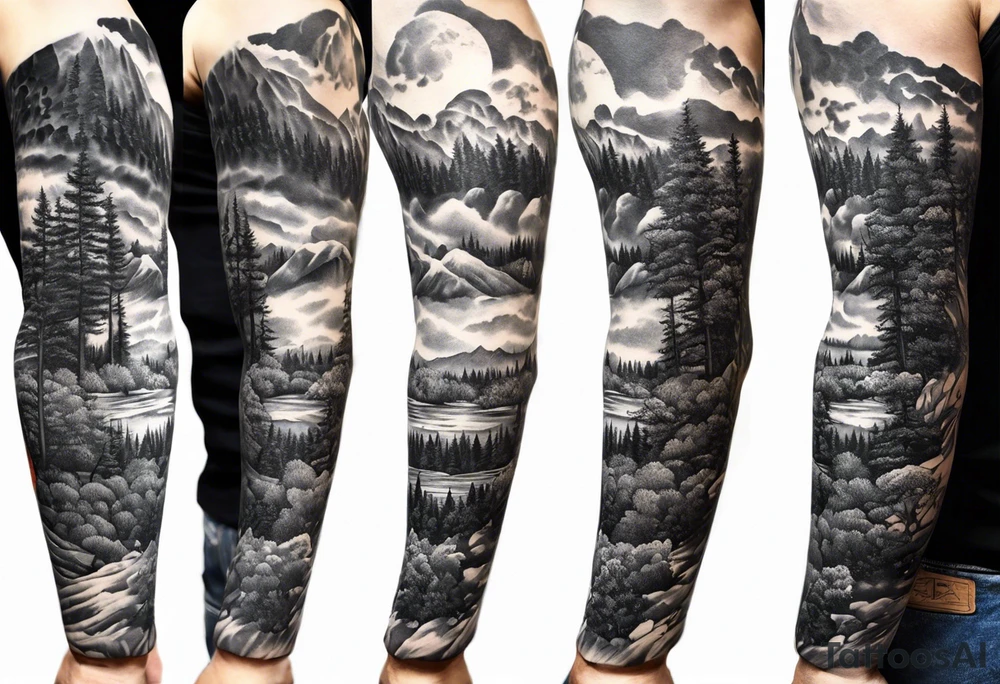 Arm sleeve for man with Great Dane Heads mixed in with other fill work that resembles the outdoors tattoo idea