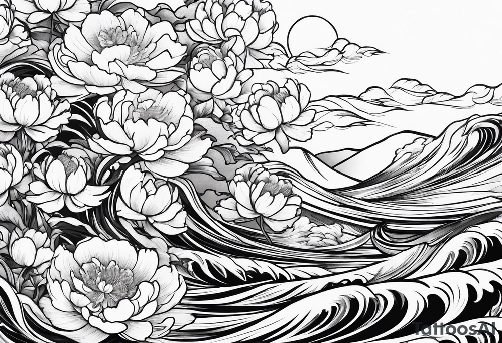 small peony flowers in the waves tattoo idea