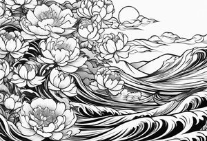 small peony flowers in the waves tattoo idea