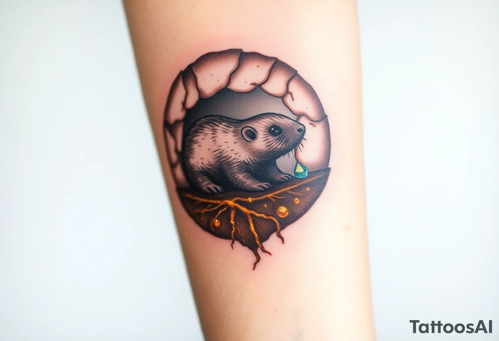 A mole depicted in underground tunnel in a cross-section with dark brown soil, golden roots, and hidden gems sparkling in the earth tattoo idea