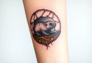 A mole depicted in underground tunnel in a cross-section with dark brown soil, golden roots, and hidden gems sparkling in the earth tattoo idea