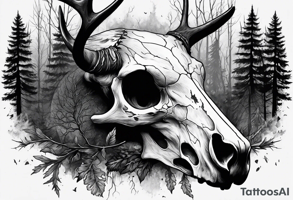 A SCARY side view of a decayed deer skull NO SKIN JUST BONE surrounded by a forest fire in background tattoo idea