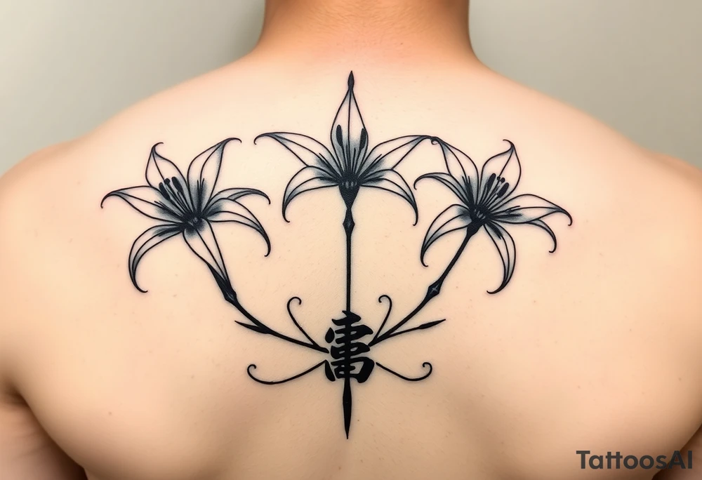 On the shoulder I want 3 spider Lillies that are flown look royal think and long and at the end of the stem I want it to curl up and then at the bottom I want their to be a symbol in Chinese that means love tattoo idea